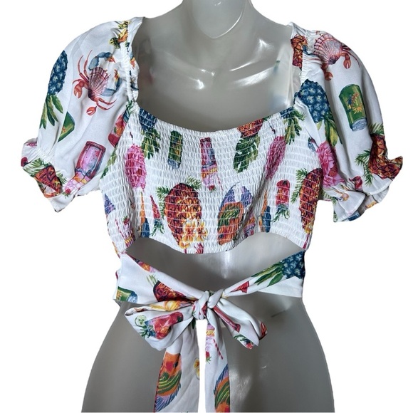 Mine Pina Colada Tropical Top Corset Crop Multicolor Puff Sleeve Size M NWOT - Picture 9 of 14